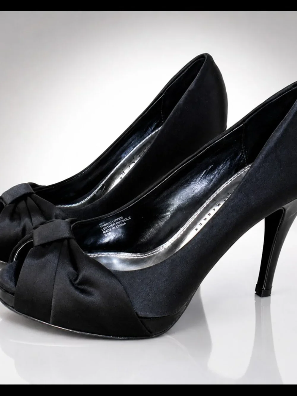 White House Black Market Black Satin Peep Toe Bow Stiletto Pumps
